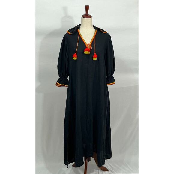 ELEVEN March 11 Sz S Small Black Linen Orange Yellow Trim Tassels Midi Dress - Picture 1 of 10